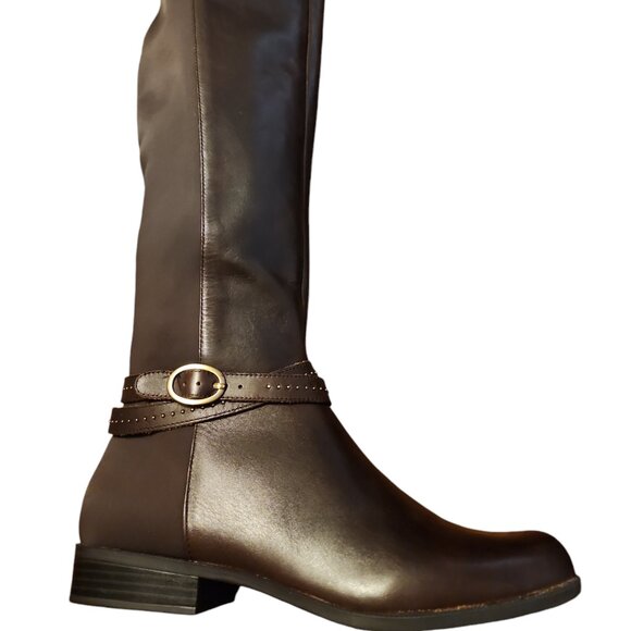 Size 9 Bandolino Cassia Tall Leather & Knit Mesh Form Fit Boots Buckle & Studs - Picture 3 of 8